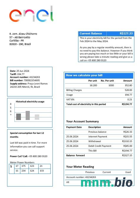 Brazylia Enel electricity rachunek za usługi komunalne szablon w formacie Word i PDF